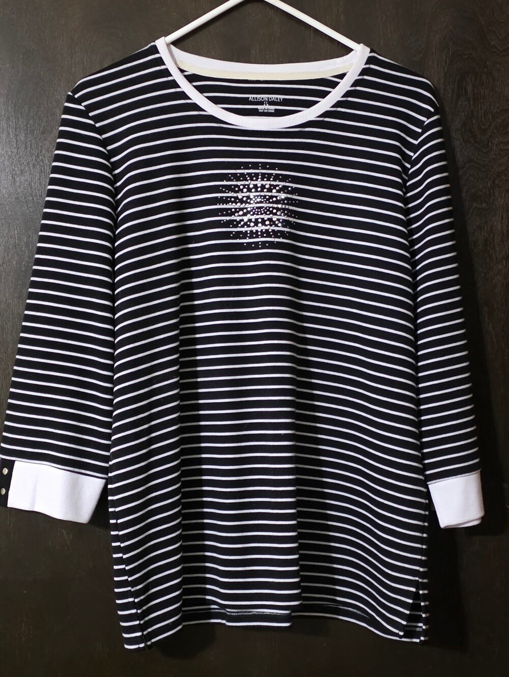 💢4For$20 Allison Daley Black White Striped Crewneck Top Rhinestones Size 1X